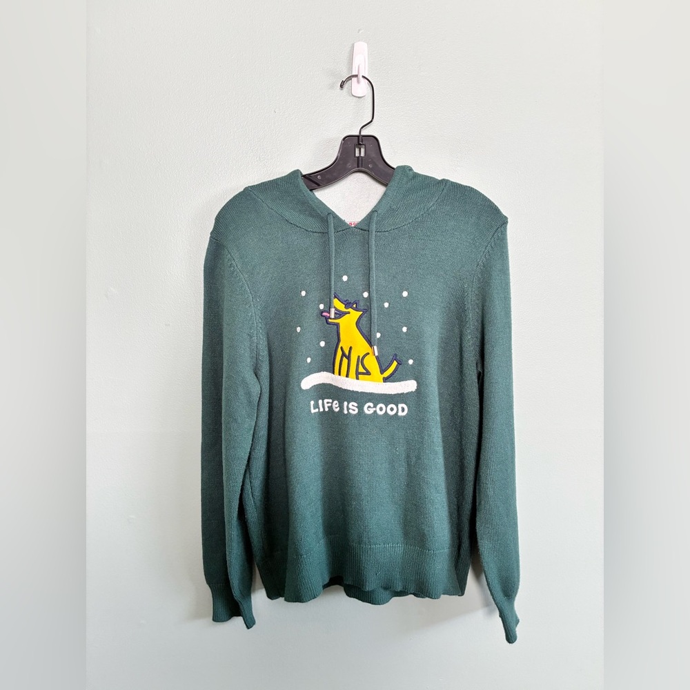 LIFE IS GOOD Green Hooded Sweater Winter Dog Christmas Holiday Sz L Pullover